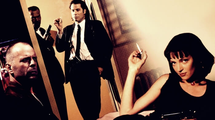 bruce willis, samuel l jackson, john travolta, uma thurman in pulp fiction